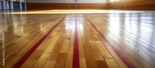 Sports hall's wooden floor with lines for marking photo