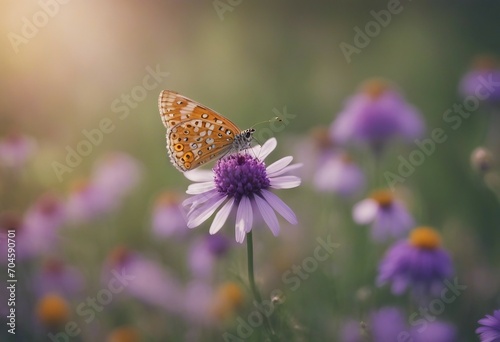 Beautiful wild flowers chamomile purple wild peas butterfly in morning haze in nature close-up macro