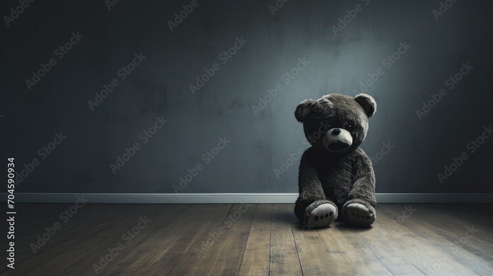 Silent Witness: A poignant concept of child abuse depicted through a teddy bear covering its eyes in an empty room. - obrazy, fototapety, plakaty 