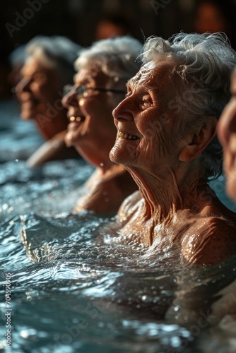 A photo of an elderly group in a water aerobics class, laughing and enjoying the exercise