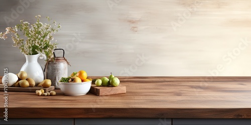 Wooden table top in a kitchen setting, ideal for product display or food photography.