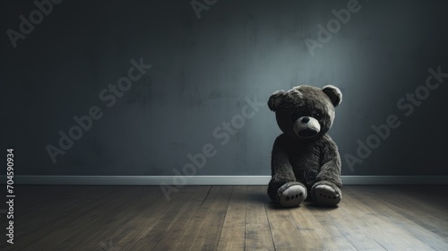 Silent Witness: A poignant concept of child abuse depicted through a teddy bear covering its eyes in an empty room. photo