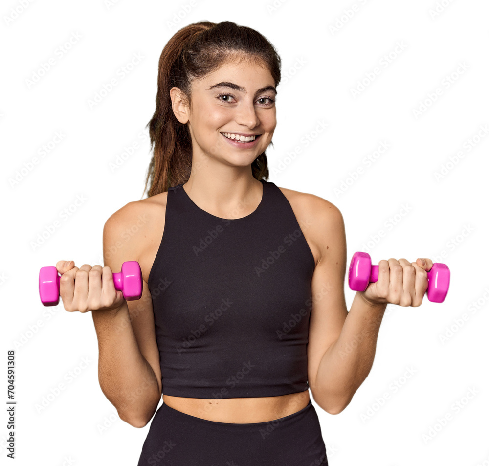 Caucasian athlete lifting lightweight dumbbells in studio Caucasian athlete lifting lightweight dumbbells in studio