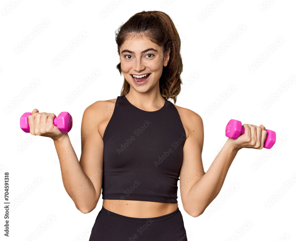 Caucasian athlete lifting lightweight dumbbells in studio Caucasian athlete lifting lightweight dumbbells in studio