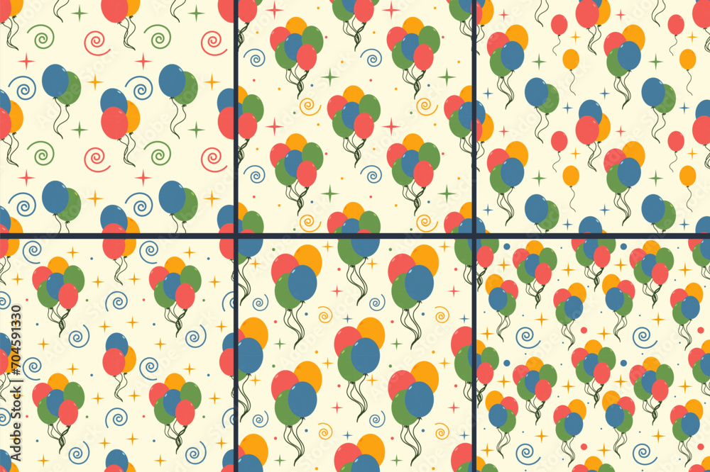 Set of colorful balloons with seamless patterns. Hand drawn doodles for birthday, holiday or anniversary. Balloons. Vector illustration.