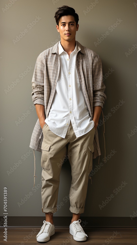 Asian man wearing a white shirt and brown pants Asian man wearing a white shirt and brown pants