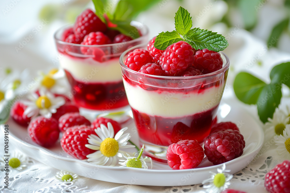 Raspberry Layered Desserts with Fresh Berries and Flowers Raspberry Layered Desserts with Fresh Berries and Flowers