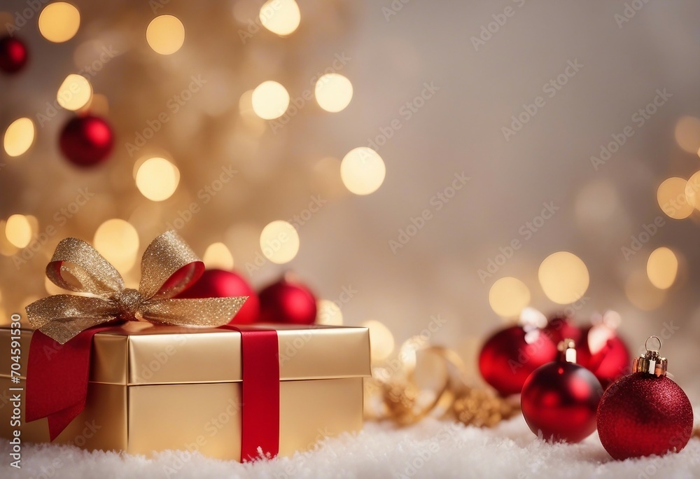 Christmas decoration composition on light gold background with beautiful Golden gift box with red