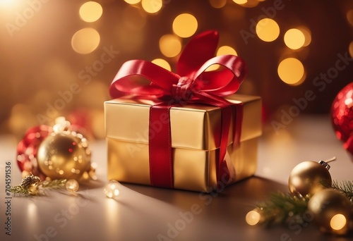 Christmas decoration composition on light gold background with beautiful Golden gift box with red