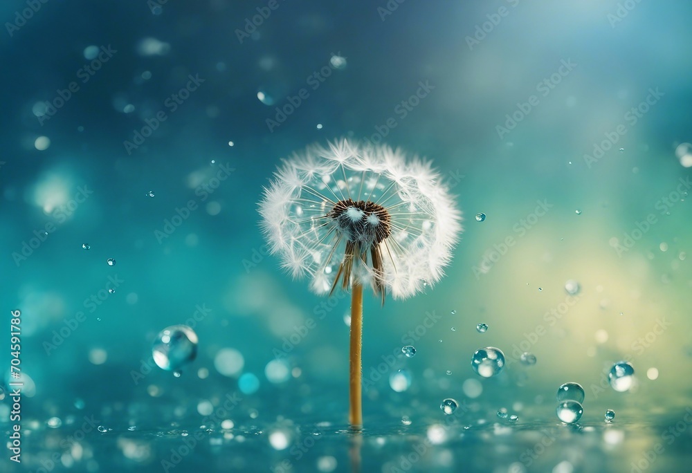 Dandelion Seeds in droplets of water on blue and turquoise beautiful background with soft focus Dandelion Seeds in droplets of water on blue and turquoise beautiful background with soft focus