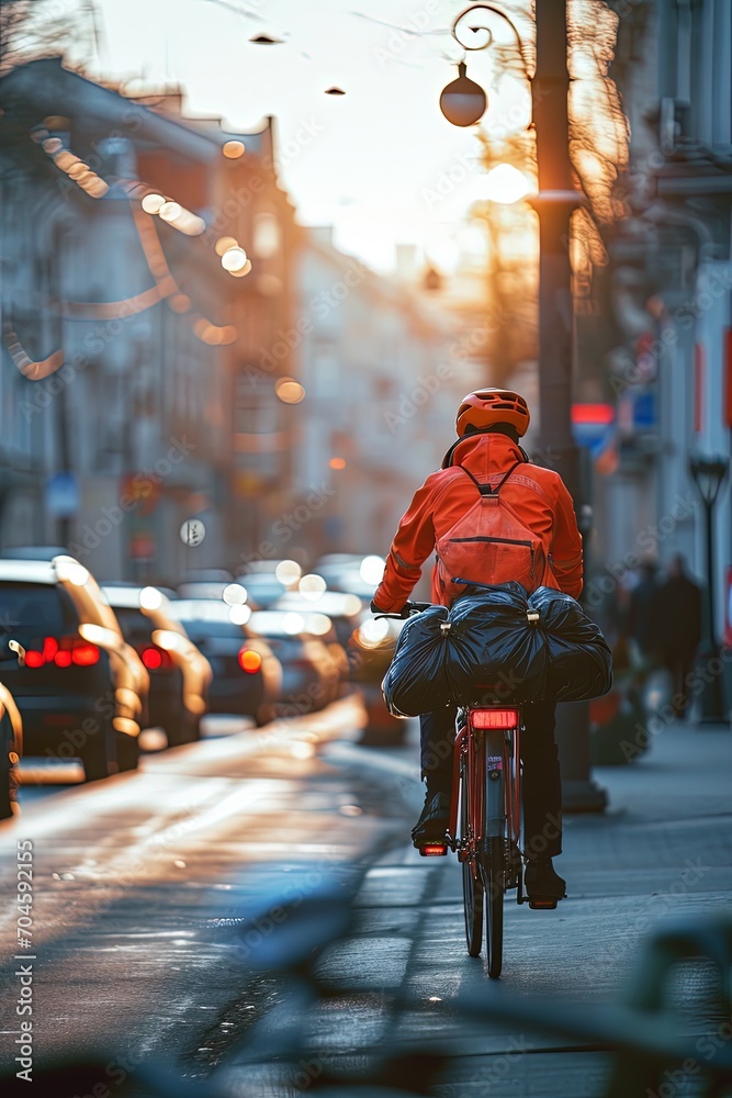 A courier on a bicycle in a bright uniform with a large bag. Courier delivery or traveling. Space for text.