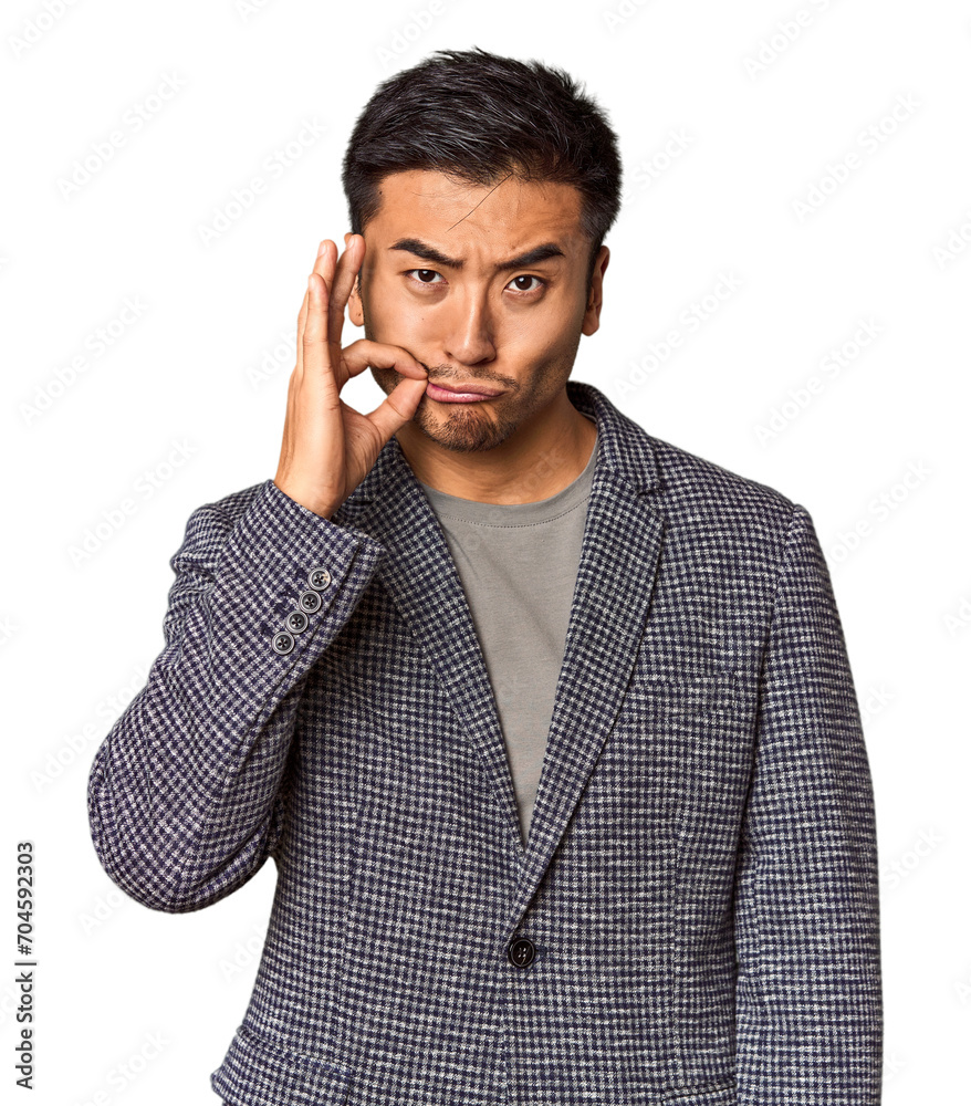 Young Chinese man in studio background with fingers on lips keeping a secret. Young Chinese man in studio background with fingers on lips keeping a secret.