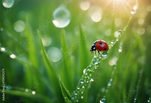 Fresh juicy young grass in droplets of morning dew and a ladybug in summer spring on a nature macro