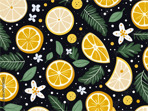 Vector pattern with citrus fruits lemons, white flowers, snowflakes on black background. Fashion ornament for fabric, paper, textiles, notepad, women clothing, card, packaging.