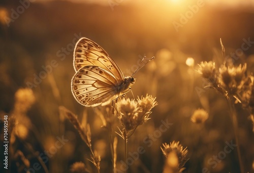 Golden butterfly glows in the sun at sunset macro Wild grass on a meadow in the summer in the rays