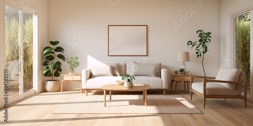 Light fabric, raw wood center table, and light wood flooring in the living room with a two-seater sofa. photo