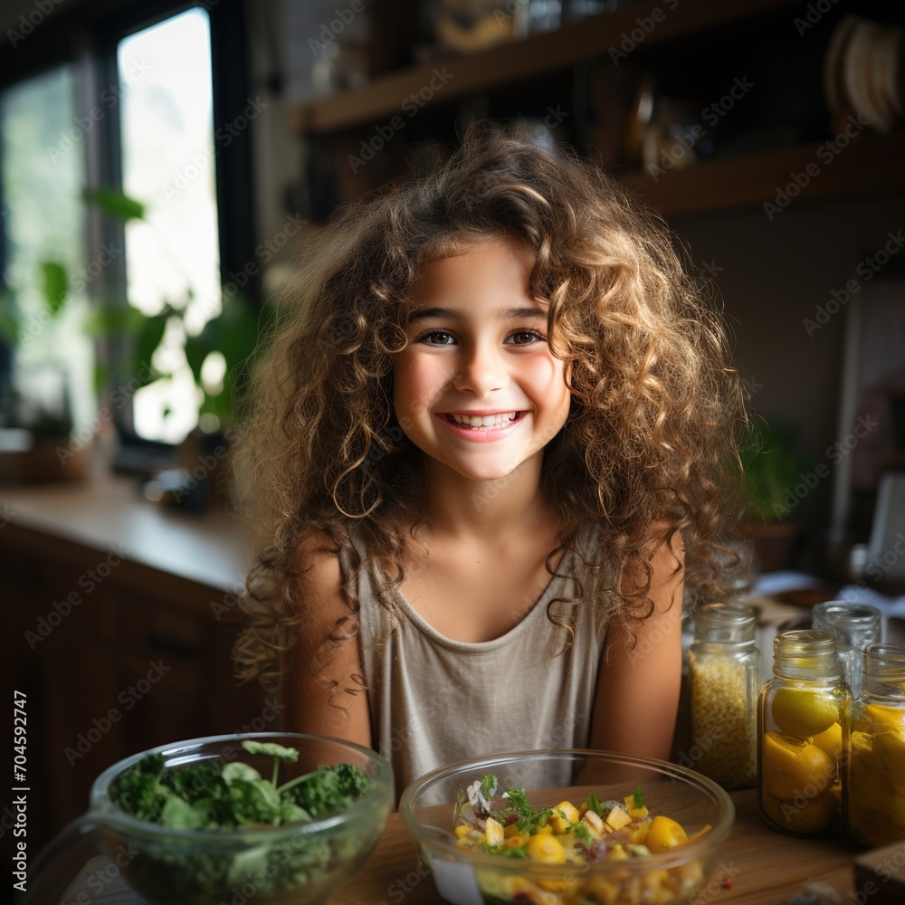 Portrait of a happy little girl with curly hair in the kitchen