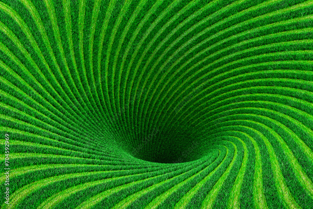 Grassy striped spiral abstract tunnel background. Optical illusion funnel. 3D rendering