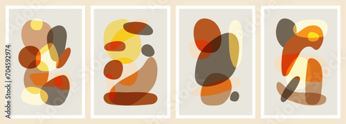 Hand drawn abstract colorful poster set. Modern wall art with organic ovoid shapes. Contemporary artworks with creative elements pattern. Interior decorations set. Colored flat vector illustrations.