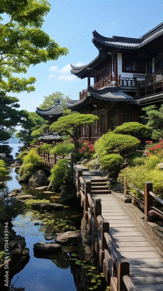 oriental lake house with bridge and pond
