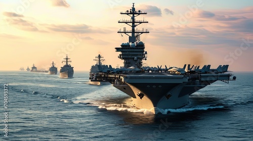 Aerial view. The aircraft carrier accompanied by a squad ships. Space for text.