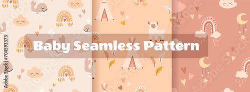 Cute Baby Seamless Pattern Set. Boho Gender Neutral vector repeat illustrations with sky, clouds, moon, stars, rainbow, sun. Bohemian Warm Colors for children textile, decor, nursery room