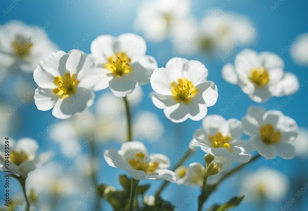 Spring forest white flowers primroses on a beautiful blue background Macro Blurred gentle sky-blue Spring forest white flowers primroses on a beautiful blue background Macro Blurred gentle sky-blue
