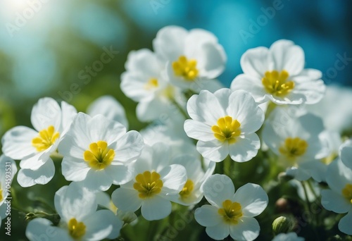 Spring forest white flowers primroses on a beautiful blue background Macro Blurred gentle sky-blue