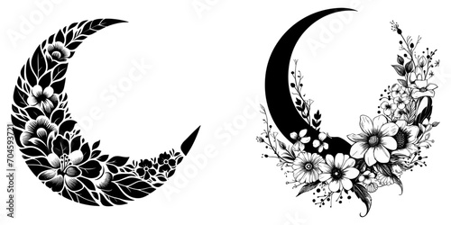 Beautiful romantic crescent moon with floral and leaves, tattoo design, greeting cards, invitations, vector illustration. photo