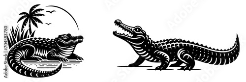 Crocodile black silhouette set, vector illustration.