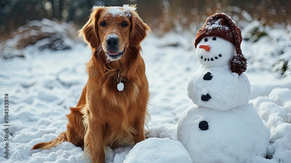 Close-up view of golden retriever dog in winter park with snowman in hat. Winter holidays. Copy space.