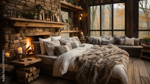 A cozy bedroom with a fireplace and a view of the forest