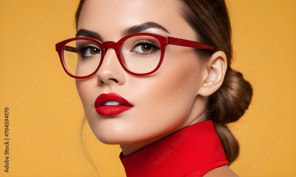 portrait of a girl with glasses on a yellow background portrait of a girl with glasses on a yellow background