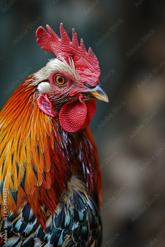 Portrait of a mottled rooster. Close-up view. Copy space.