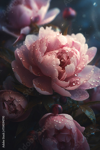 Delicate spring peonies, tinted in a soft pink hue, adorned with raindrops in a garden setting