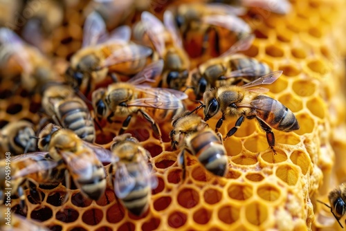 A group of bees as a construction team building a hive