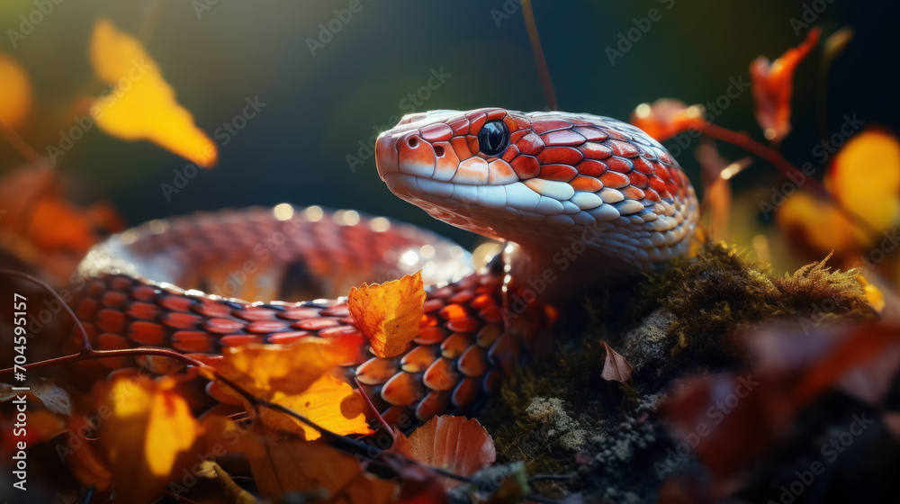 a beautiful colored snake crawls against the background of the forest, grass, nature, serpentine, reptiles, scales, eyes, head, plants, soil, python, skin, symbol of 2025 - obrazy, fototapety, plakaty 