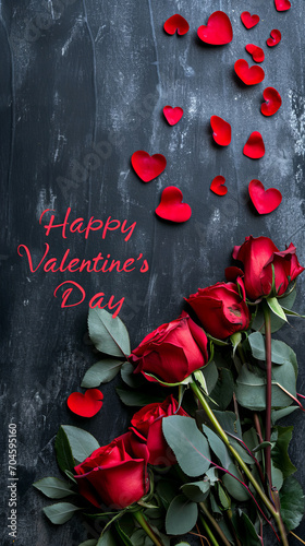 Vertical poster with text "Happy Valentine's Day" and beautiful red roses on the gray background