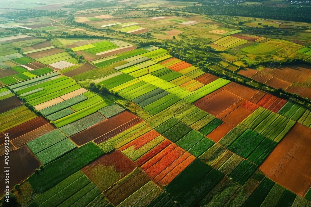 Aerial view of a colorful Patchwork farmland