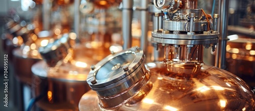 Copper vacuum distillation for gin production under reduced pressure. photo