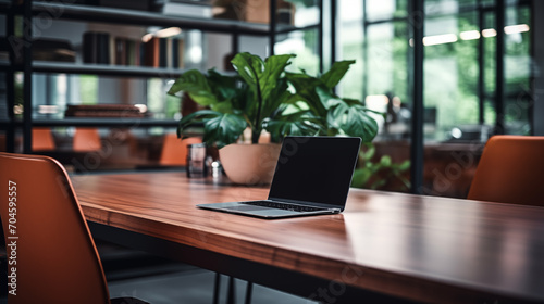 interior with laptop, Selective focus of table laptop. Contemporary Office Table, documents chairs in office. generative ai