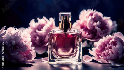 Perfume bottle and pink peony fresh flowers on a dark background.Elite perfumery concept.Generative AI.