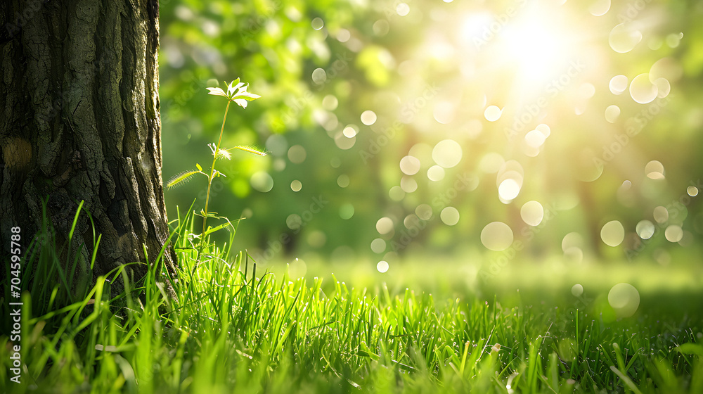 Closeup of Tree with Growing Flower with Fresh Green Grass with Blurred Background with Sunlight and Sun Rays Shining In the Background. Copyspace