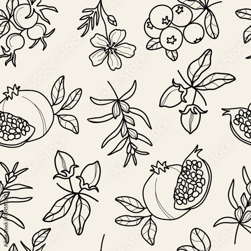 Line art rosehip, jojoba, oil, cranberry, pomegranate, sesame, meadowfoam background