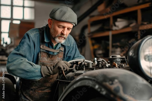 Vintage car restorer model working on a classic vehicle in a garage workshop photo