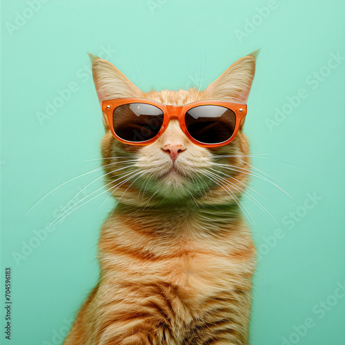 Funny Ginger Cat With Orange Sunglasses on Poses For Camera Isolated on Green Background