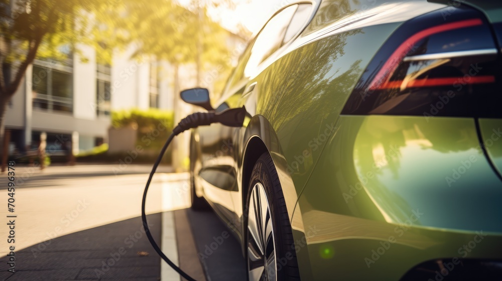 future of transportation with our image— an electric car gracefully charging its battery. A symbol of sustainability, innovation, and clean energy revolutionizing the roads