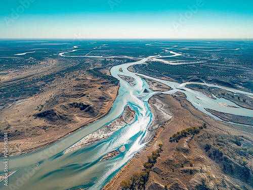 

Murray-Darling river system, showing divergence of rivers, flat aerial perspective, sunny day