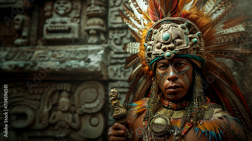 Portrait of an ancient Maya king, wearing a traditional headdress adorned with feathers and jade photo