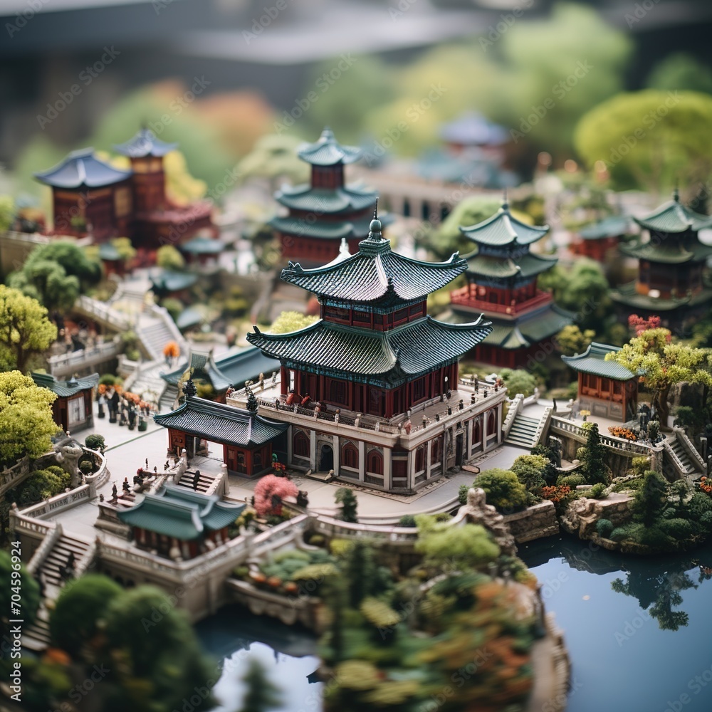 Miniature Chinese architecture model with green roof and courtyard